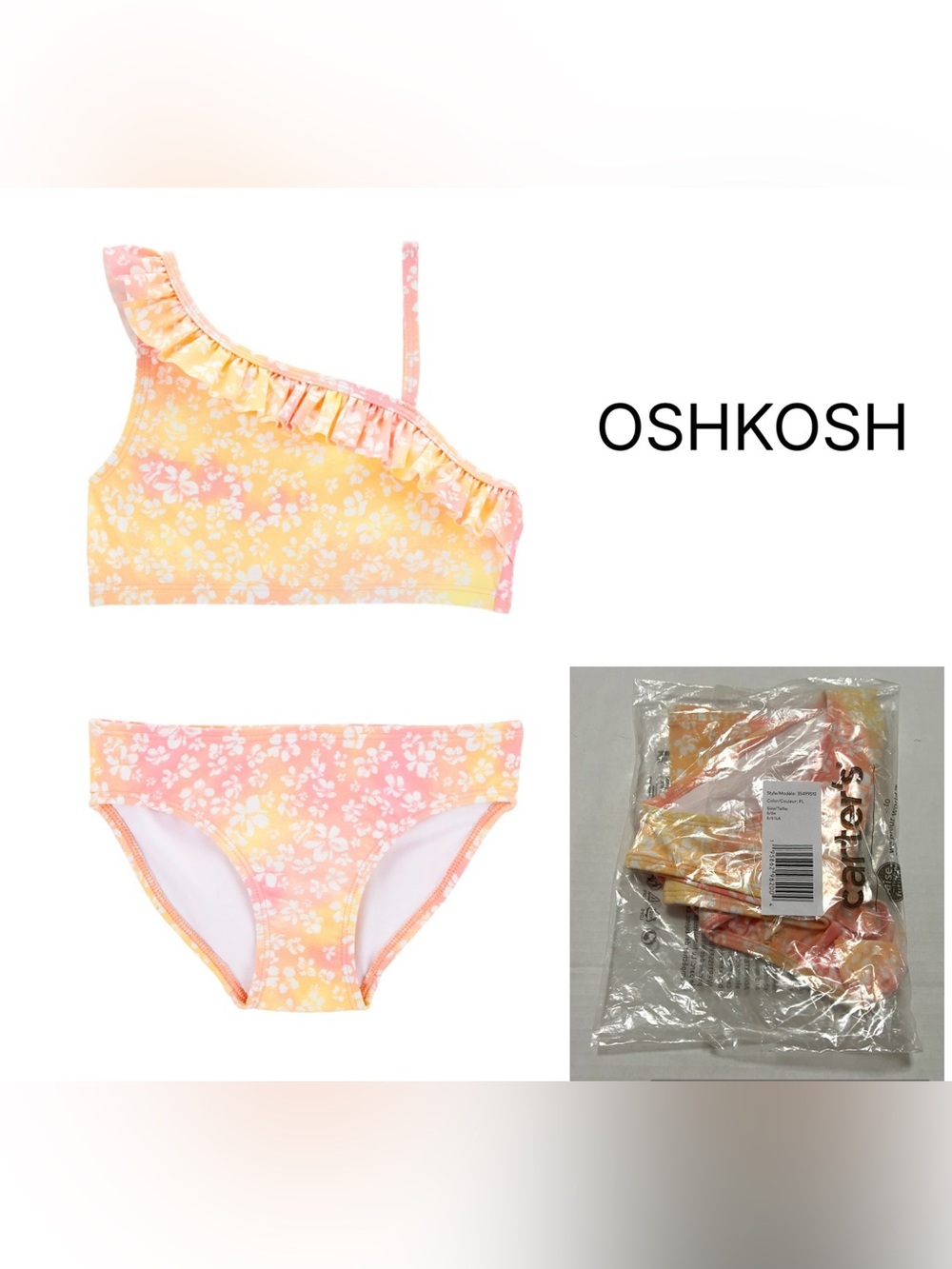 OSHKOSH - 6/6X- NWT - GIRLS - 2PC UPF 50+ FLORAL TIE-DYE RUFFLE BIKINI SWIMSUIT